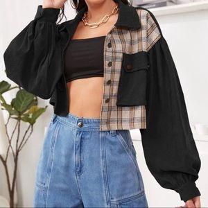 Corduroy jacket with plaid accent